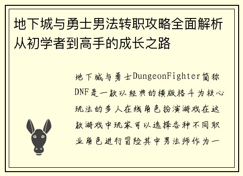 地下城与勇士男法转职攻略全面解析从初学者到高手的成长之路