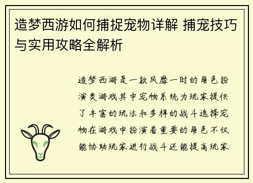 造梦西游如何捕捉宠物详解 捕宠技巧与实用攻略全解析